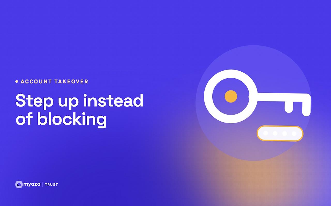 Headline "Step up instead of blocking" beside an illustration of a key beside a one-time code, on a vivid purple gradient.