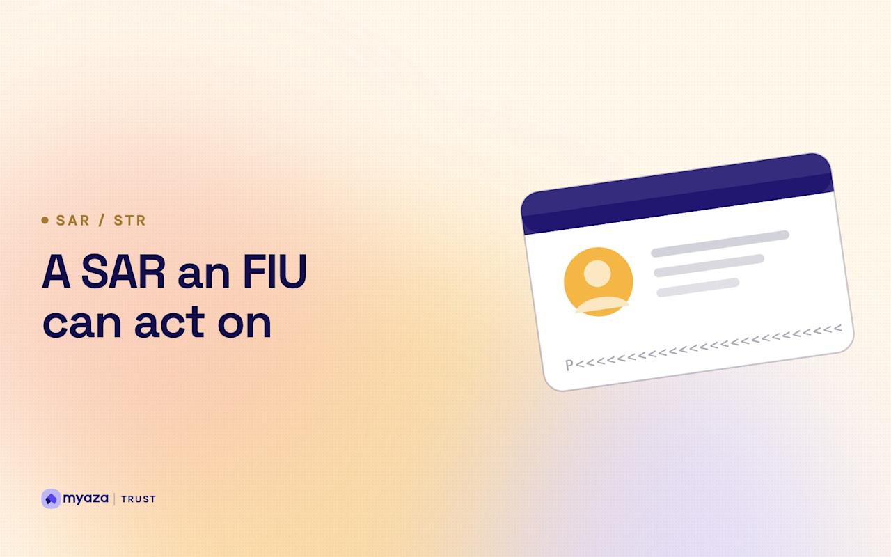 Headline "A SAR an FIU can act on" beside an illustration of an identity document with a portrait and machine-readable zone, on a warm cream gradient.