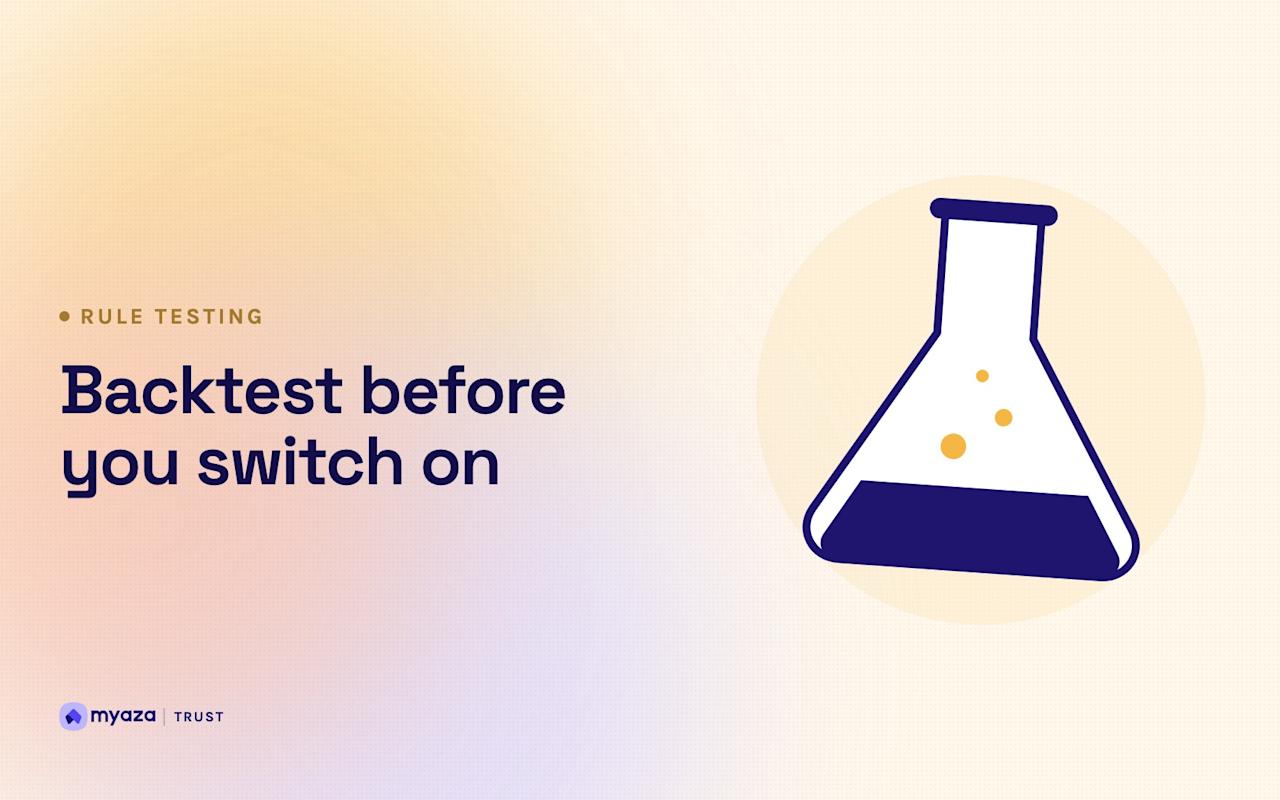 Headline "Backtest before you switch on" beside an illustration of a laboratory flask with bubbles, on a warm cream gradient.