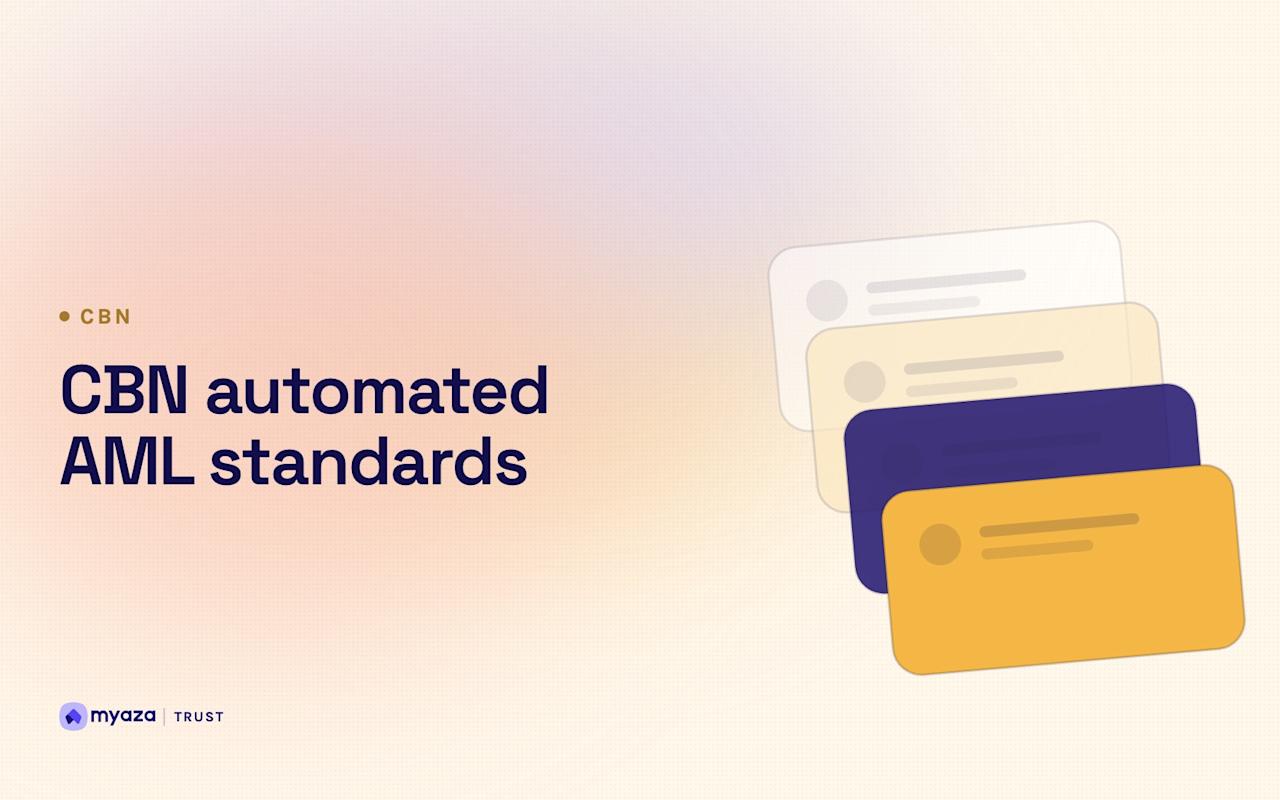 Headline "CBN automated AML standards" beside an illustration of stacked verification cards, on a warm cream gradient.