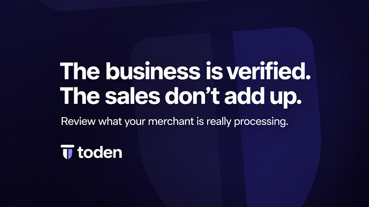 “The business is verified. The sales don’t add up.” in white on a dark Toden shield indigo brand backdrop.