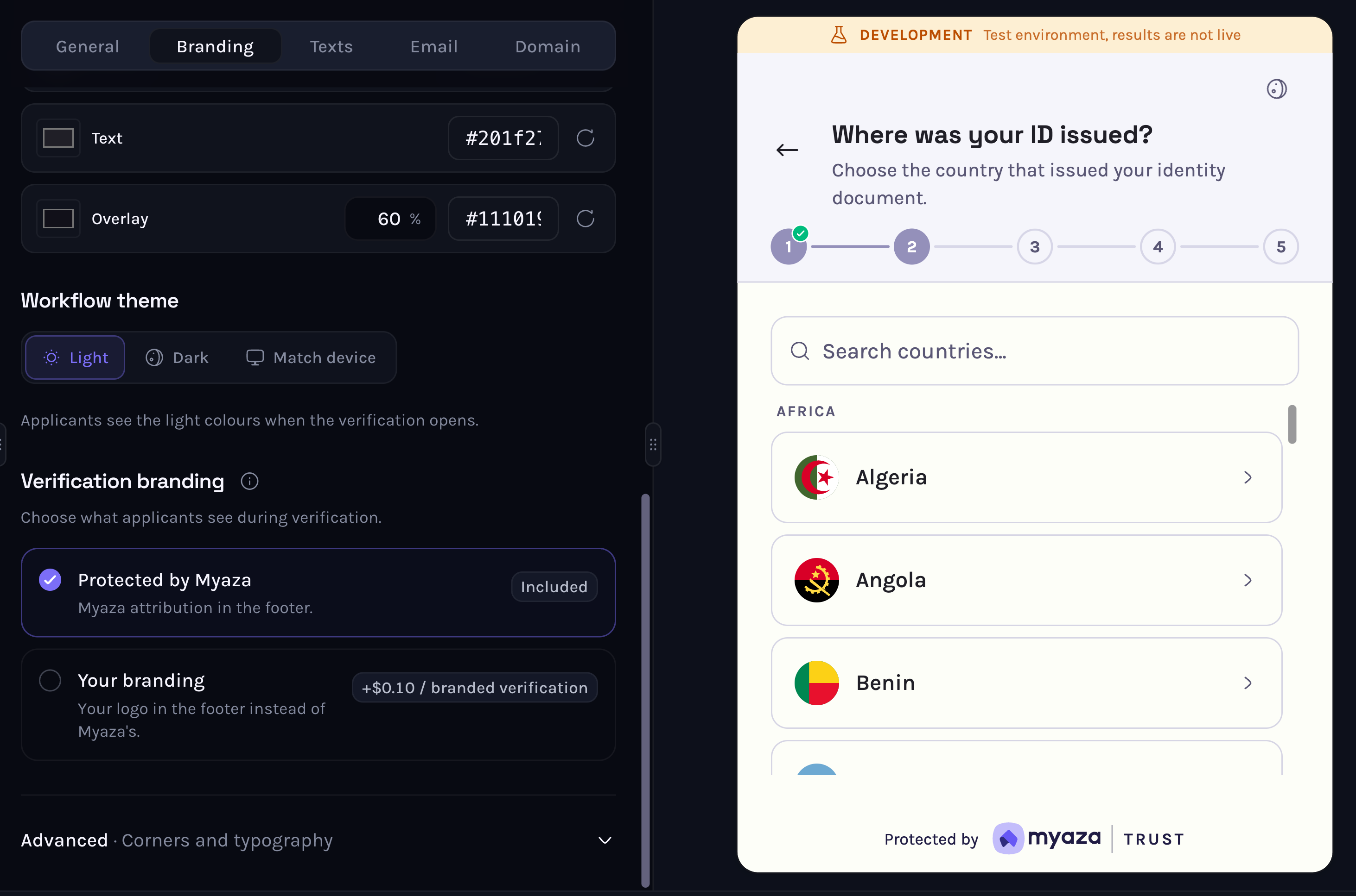 The Branding tab of a workflow's settings. Under Verification branding, Protected by Myaza is selected and marked Included; Your branding is marked plus $0.10 per branded verification. The live preview beside it shows Protected by Myaza Trust in its footer.