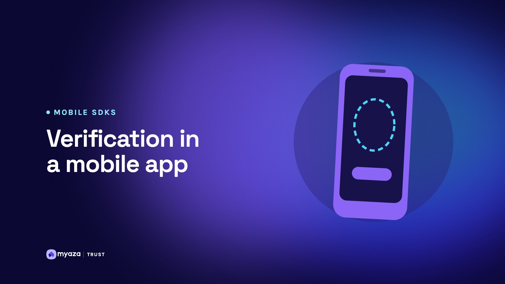 Headline "Verification in a mobile app" beside an illustration of a phone showing a face capture guide, on a deep indigo gradient.