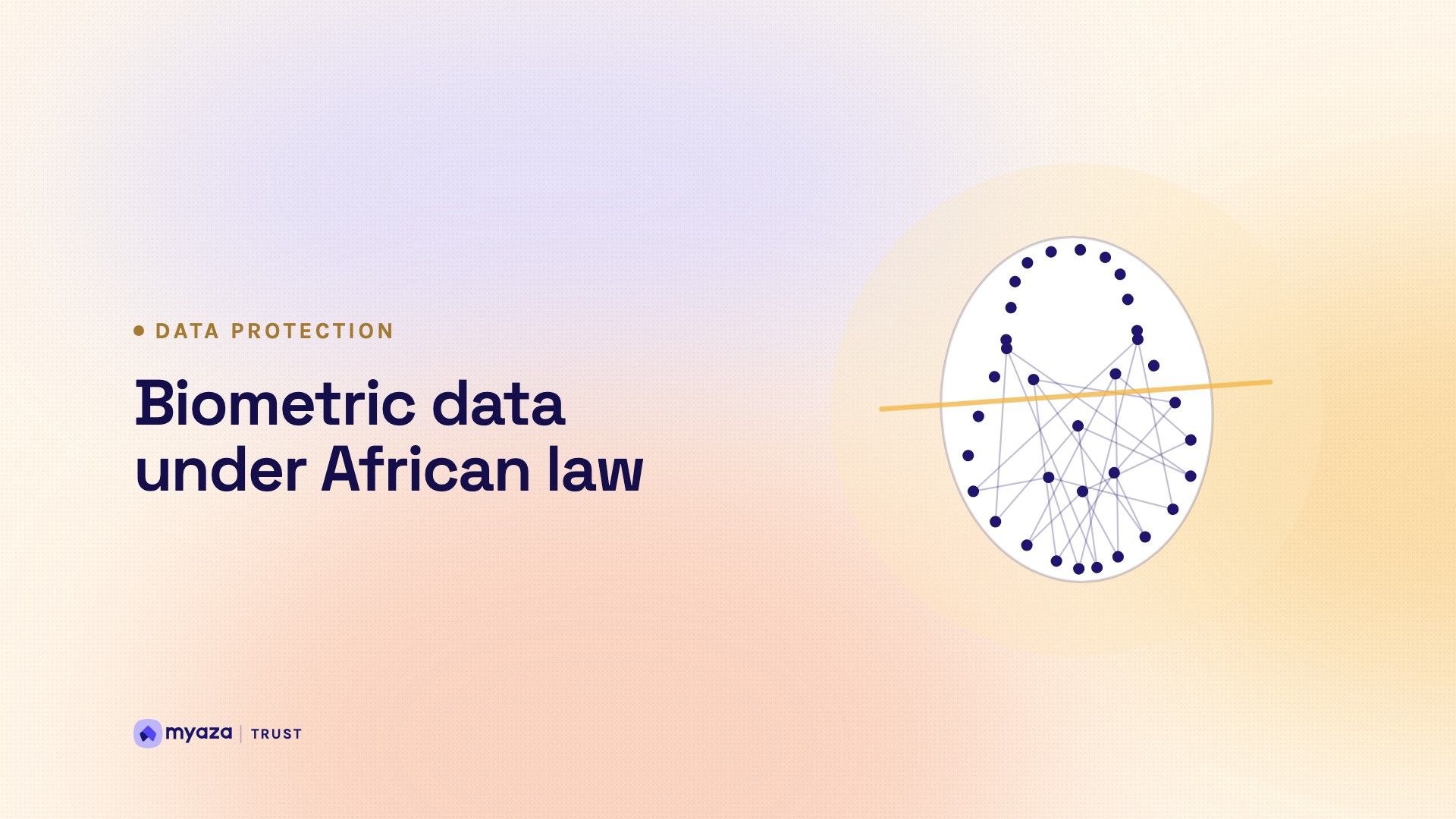 Headline "Biometric data under African law" beside an illustration of a face outline mapped with landmark points, on a warm cream gradient.