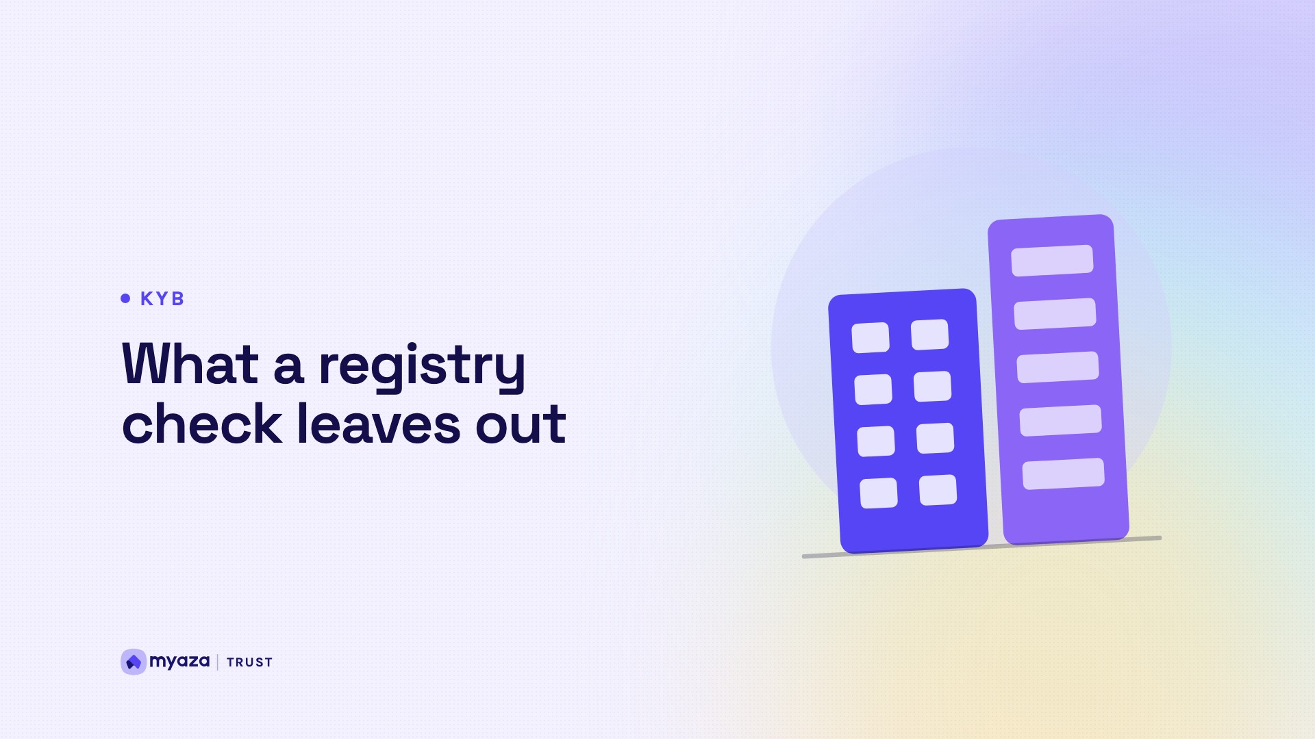 Headline "What a registry check leaves out" beside an illustration of two office buildings, on a soft lavender gradient.