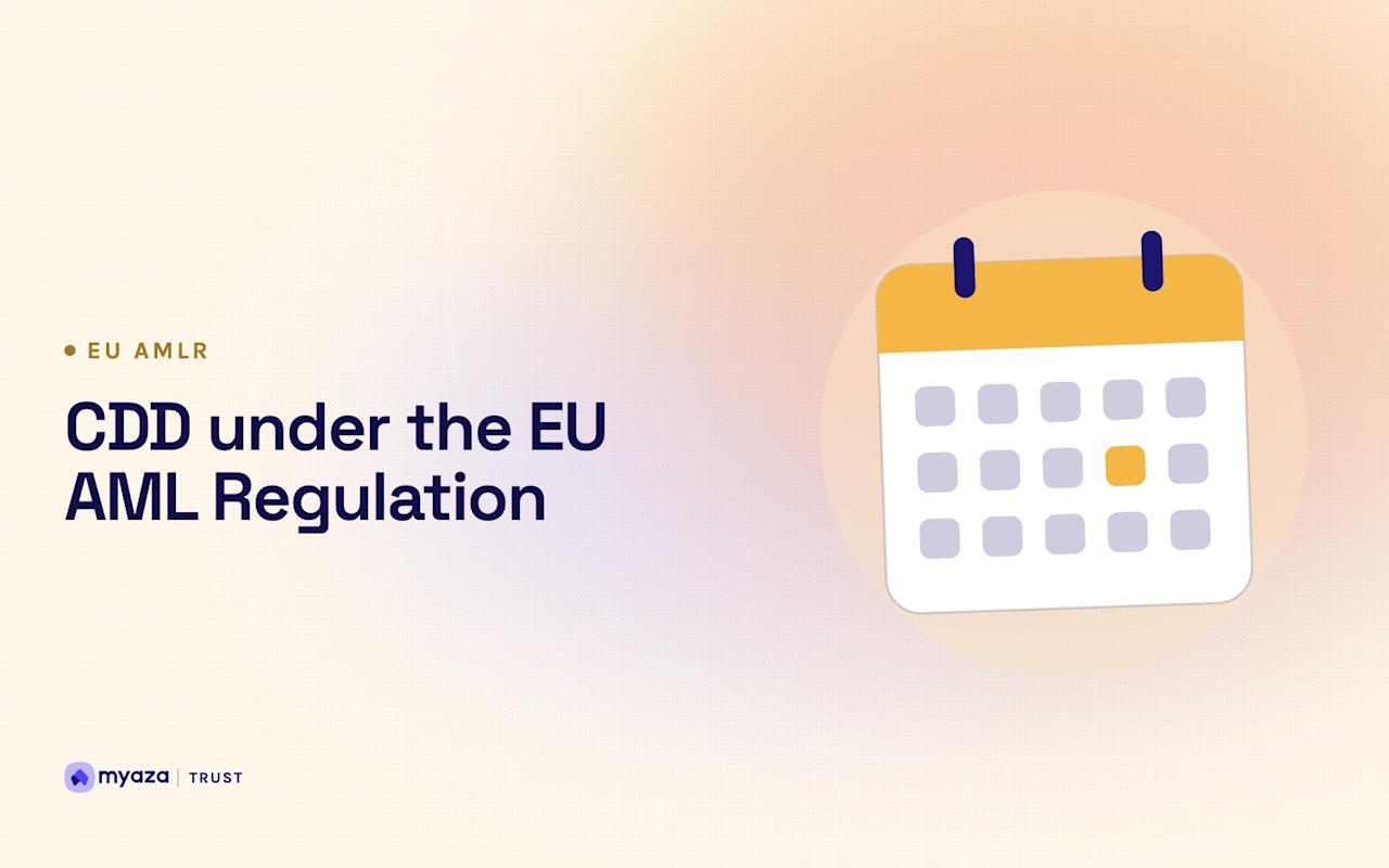 Headline "CDD under the EU AML Regulation" beside an illustration of a calendar page with one date highlighted, on a warm cream gradient.