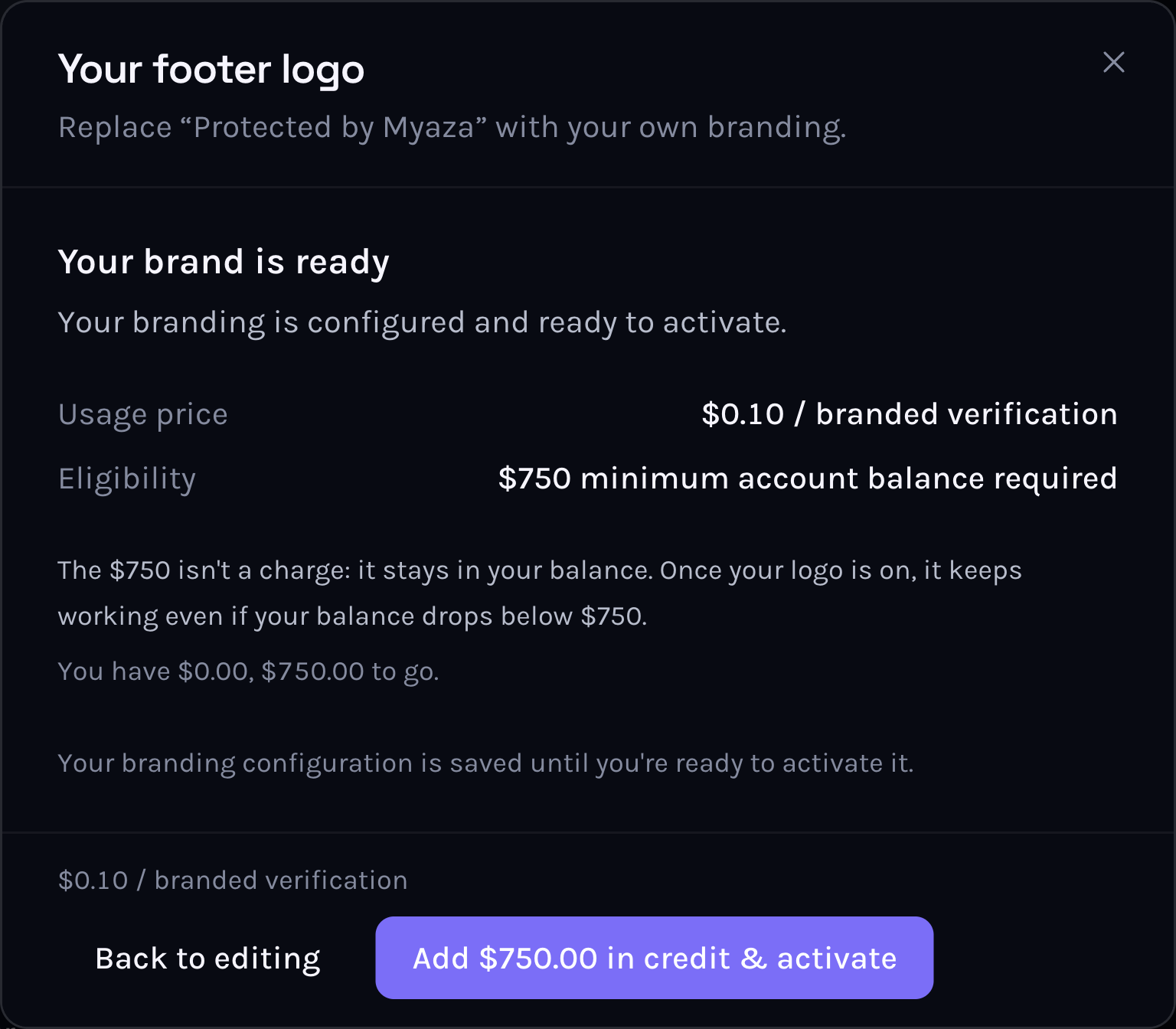 A dialog titled Your footer logo reading Your brand is ready. It lists a usage price of $0.10 per branded verification and a $750 minimum balance, explains that the $750 is not a charge and stays in the balance, and shows the account has $0.00 with $750.00 to go.