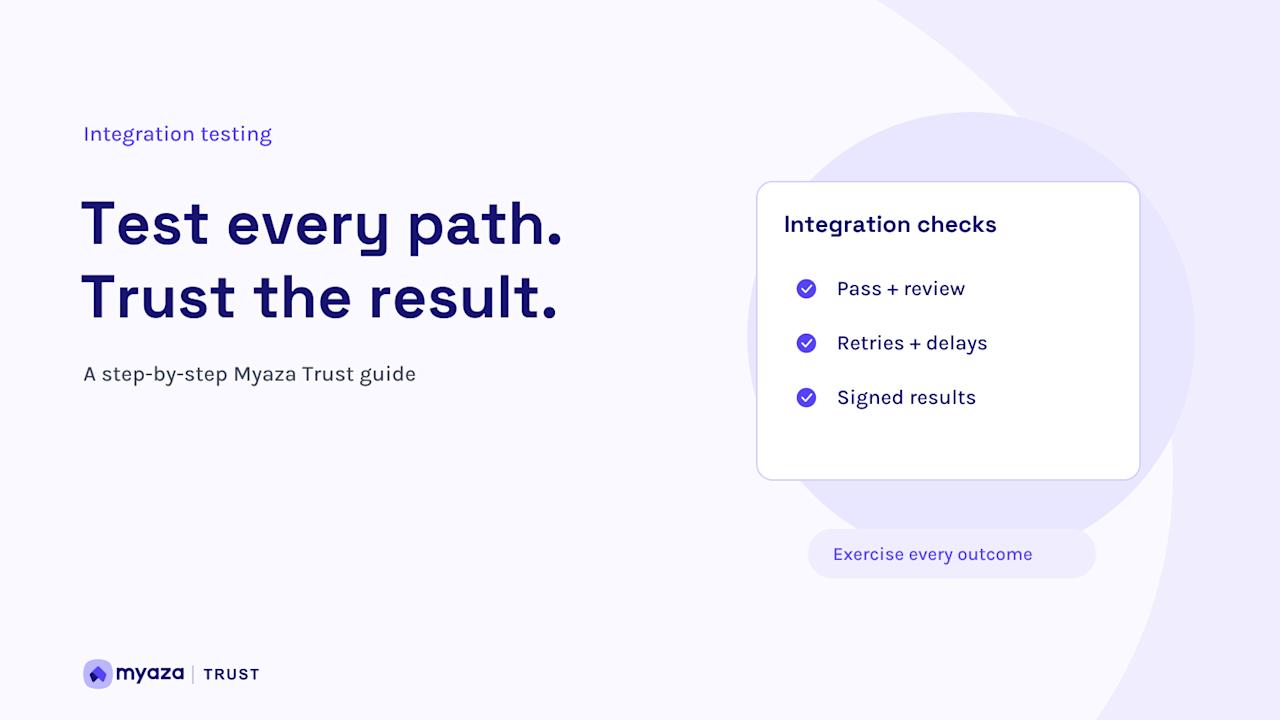 Myaza Trust editorial illustration: Test every path. Trust the result.