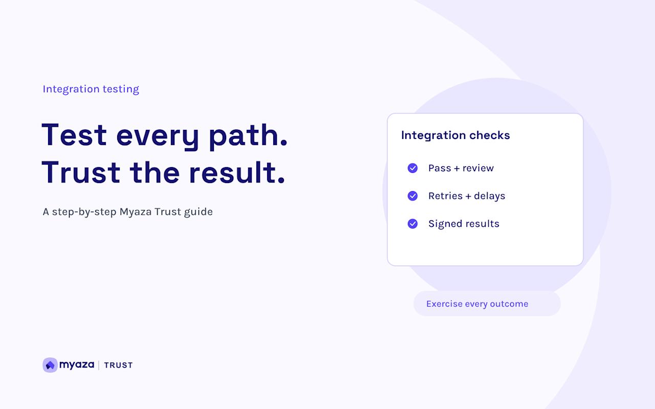 Myaza Trust editorial illustration: Test every path. Trust the result.