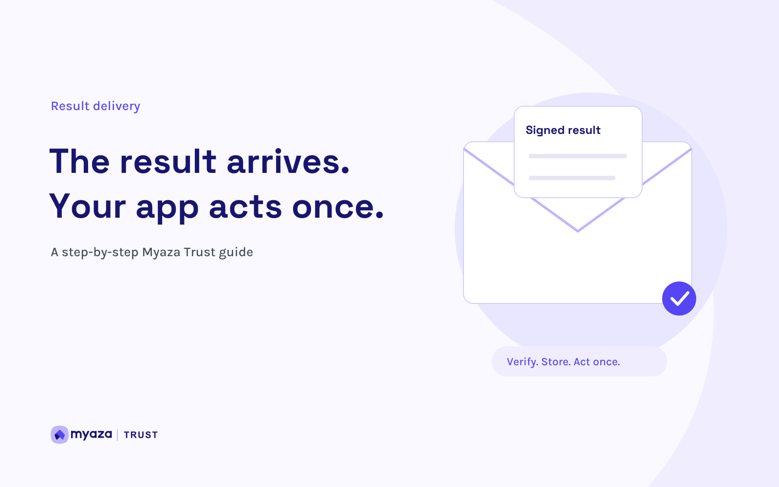 Myaza Trust editorial illustration: The result arrives. Your app acts once.