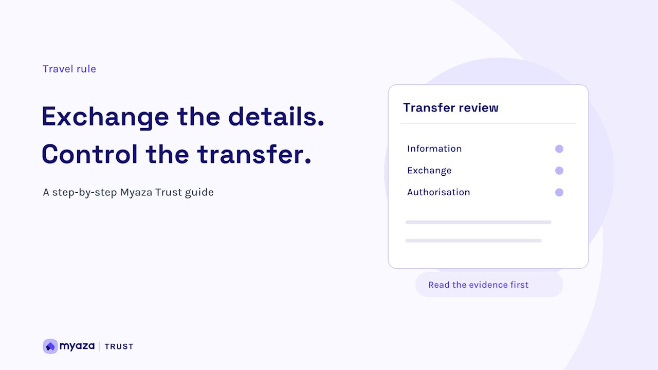 Myaza Trust editorial illustration: Exchange the details. Control the transfer.