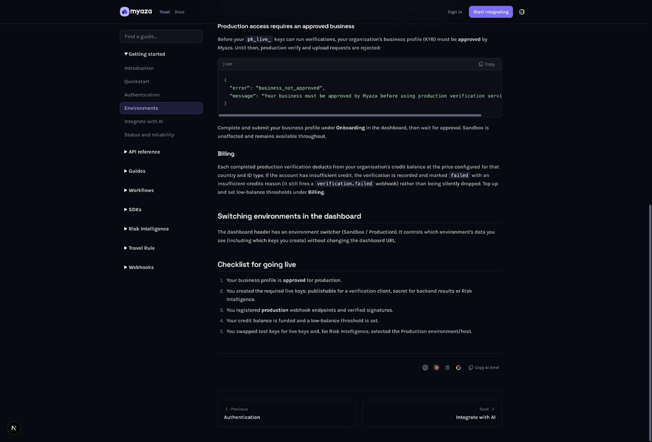Integration reference: Switching environments in the dashboard