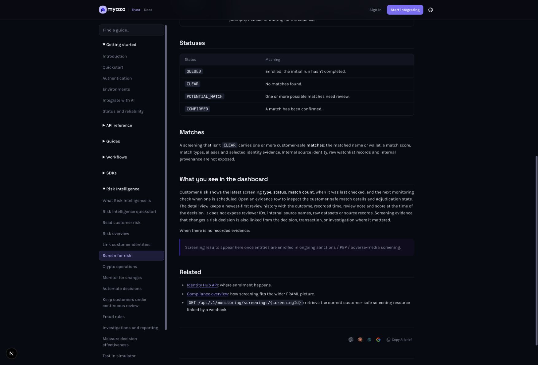 Integration reference: What you see in the dashboard