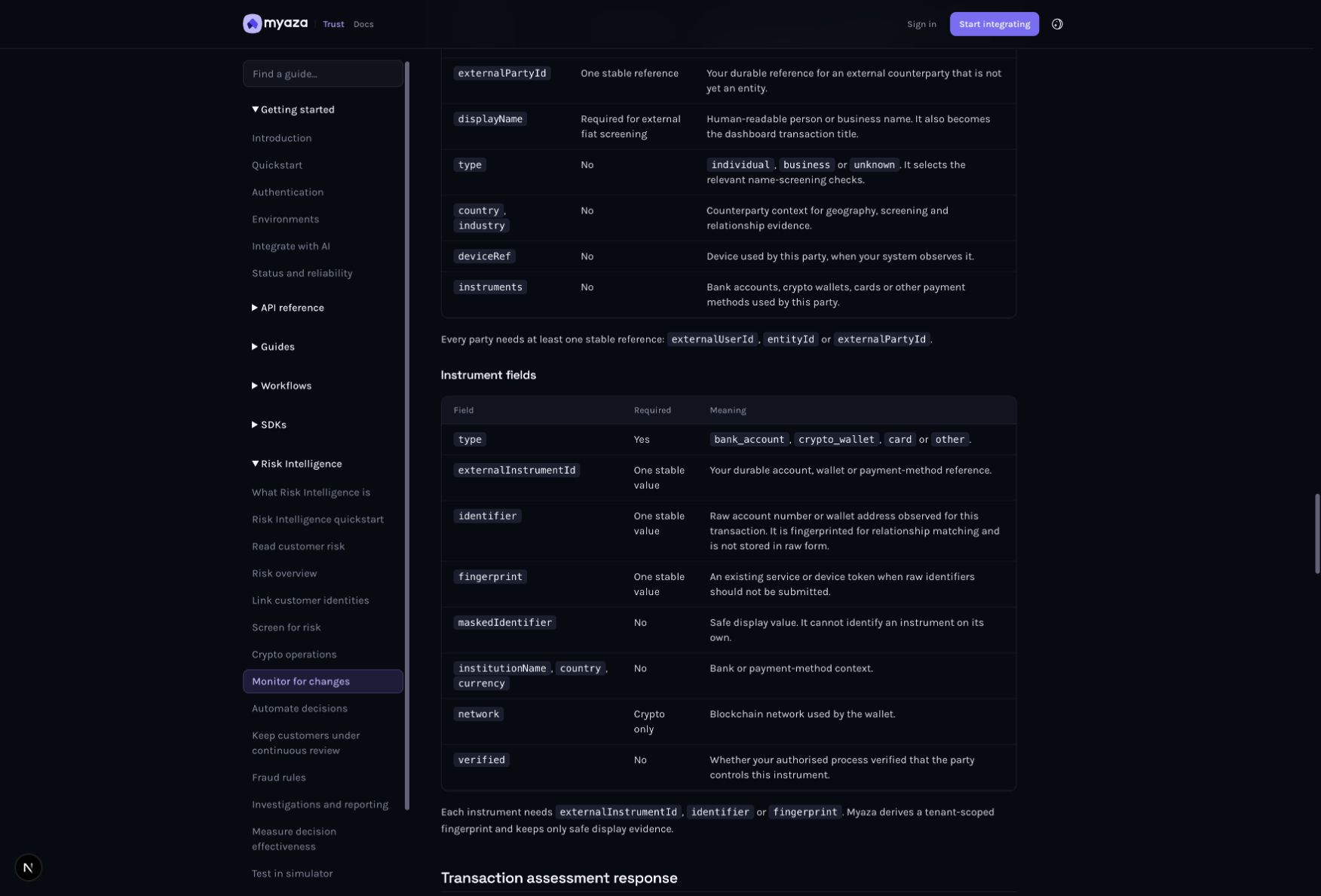 Integration reference: Instrument fields