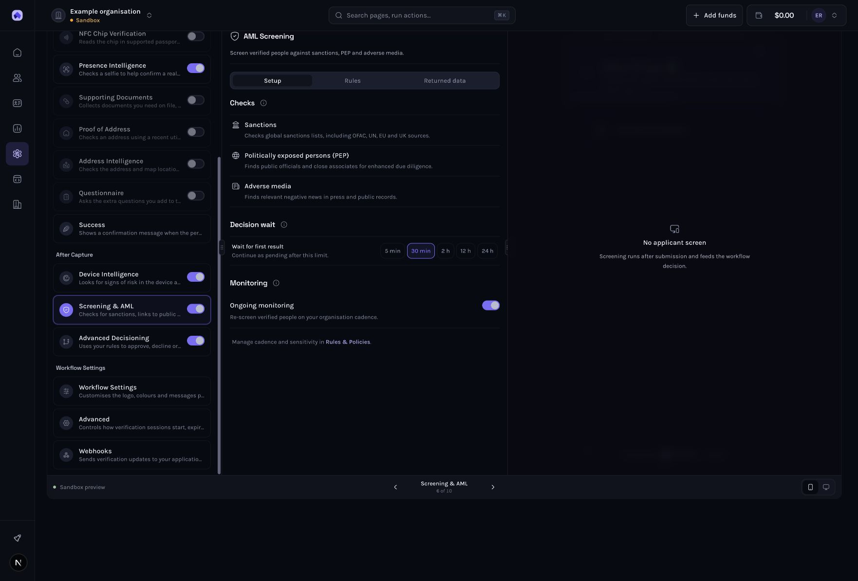 Dashboard example: Choose onboarding screening or an explicit assessment