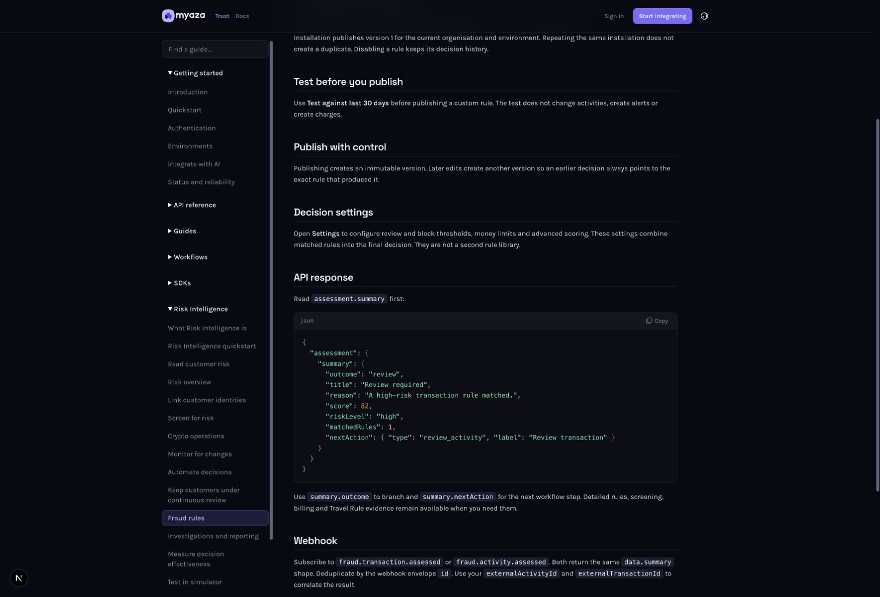 Integration reference: API response