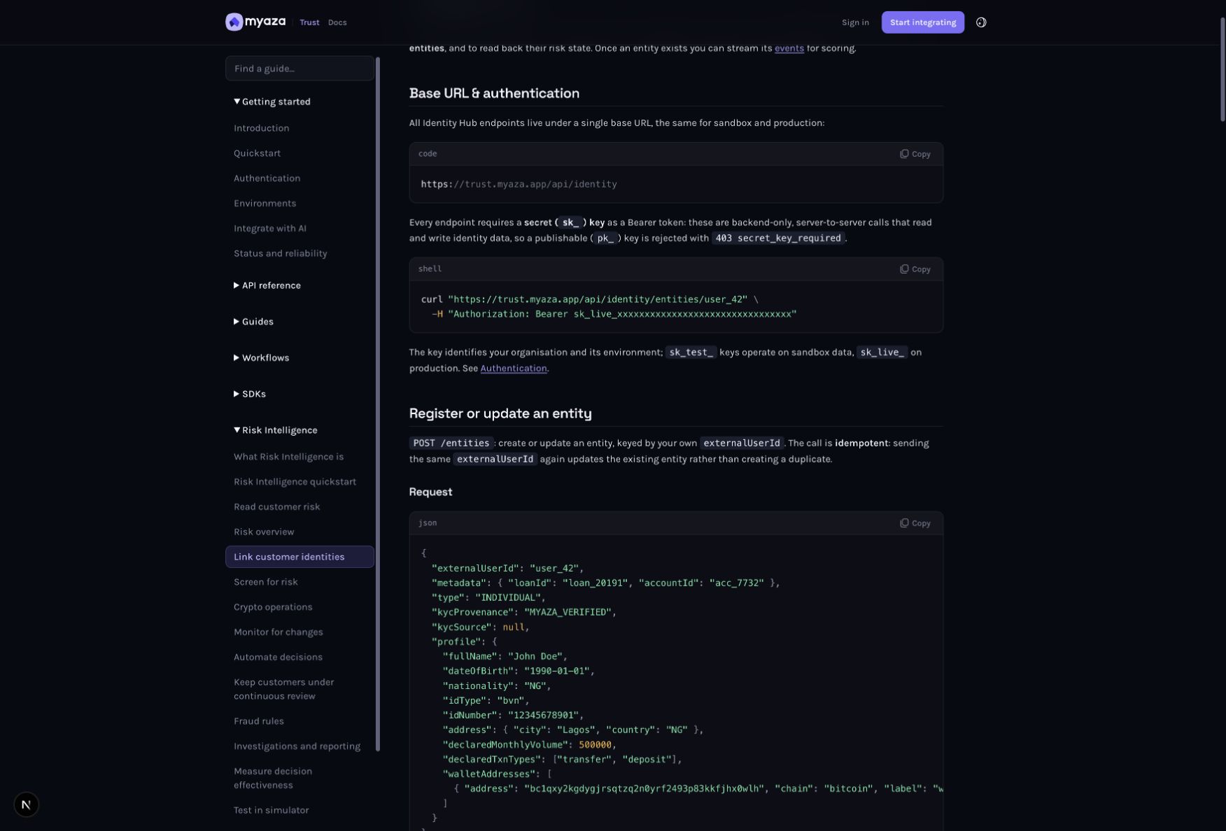 Integration reference: Register or update an entity