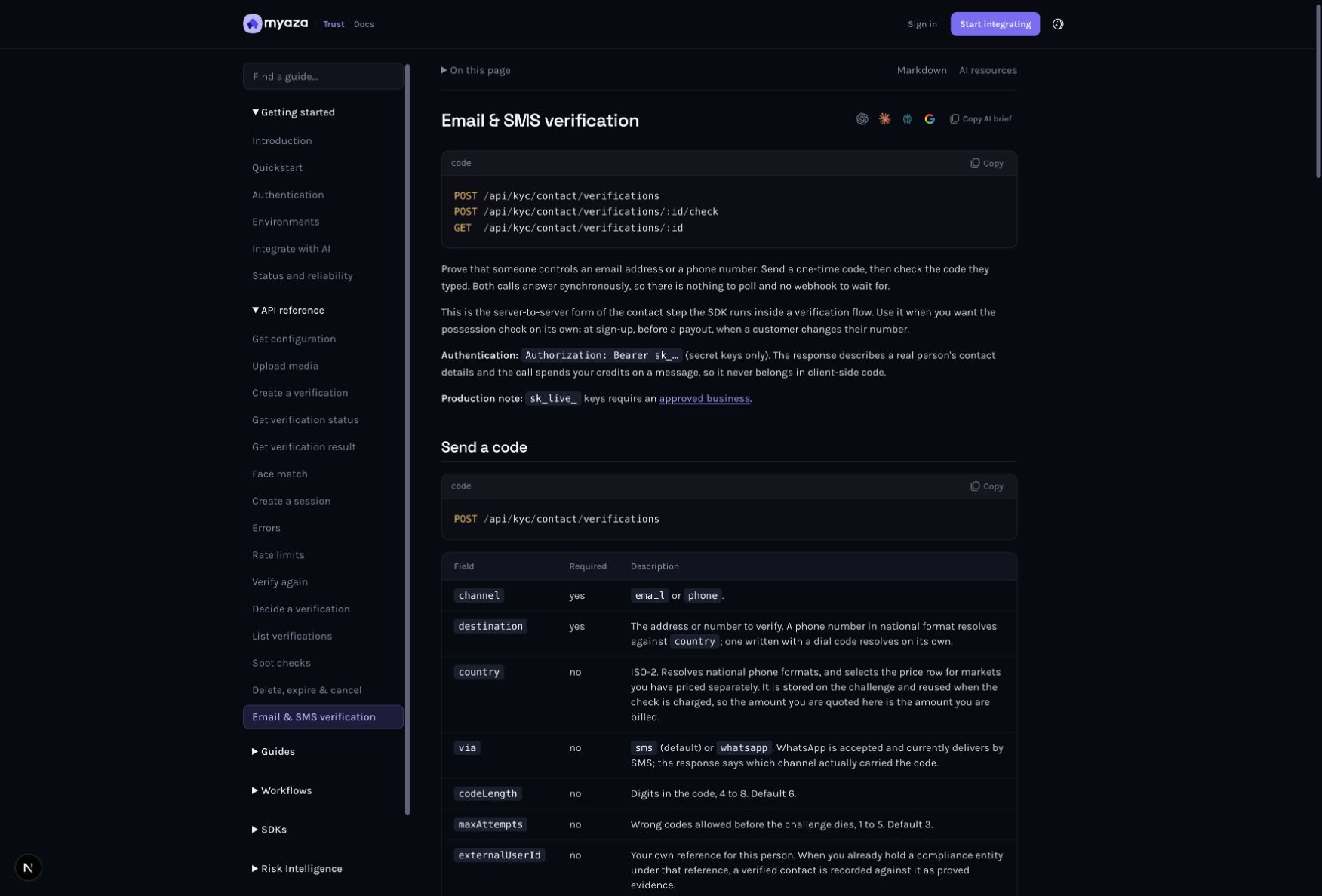 Integration reference: Send a code