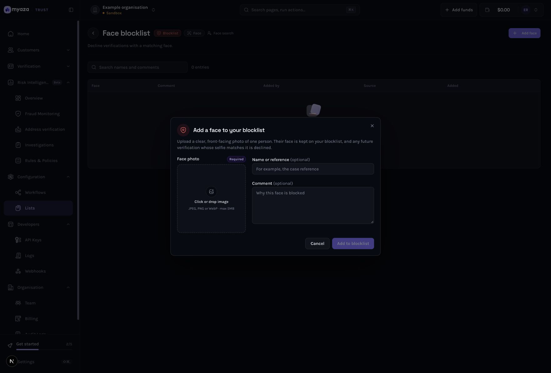 Dashboard example: Add a supported entry with a reason