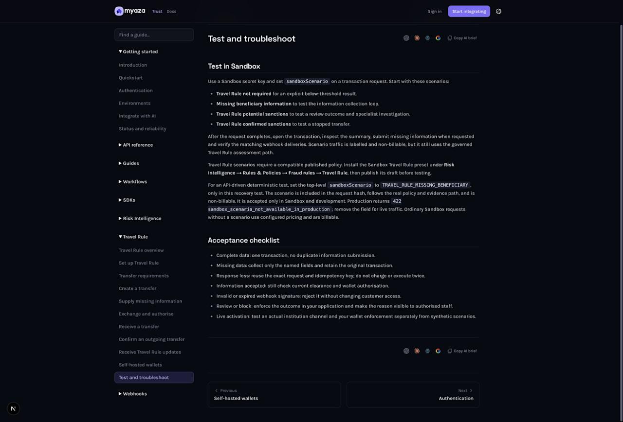 Integration reference: Acceptance checklist