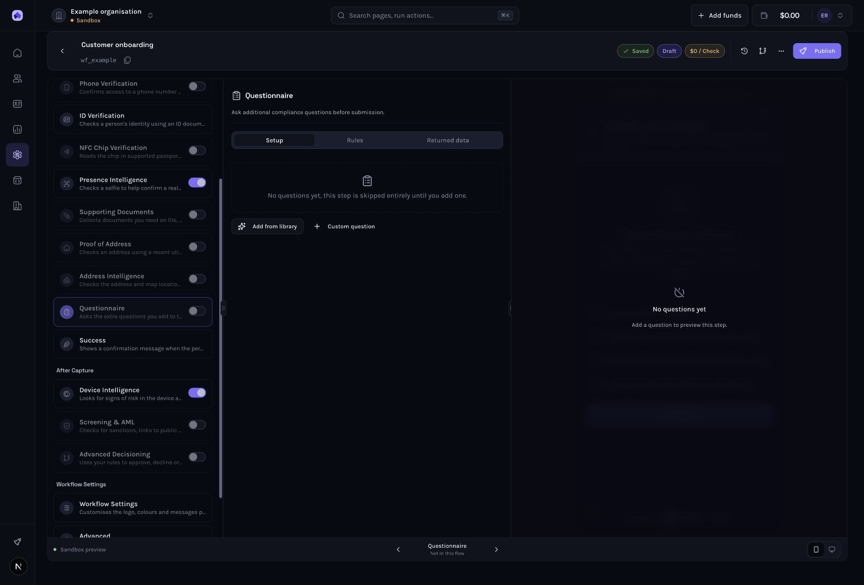 Dashboard example: Open the Questionnaire step