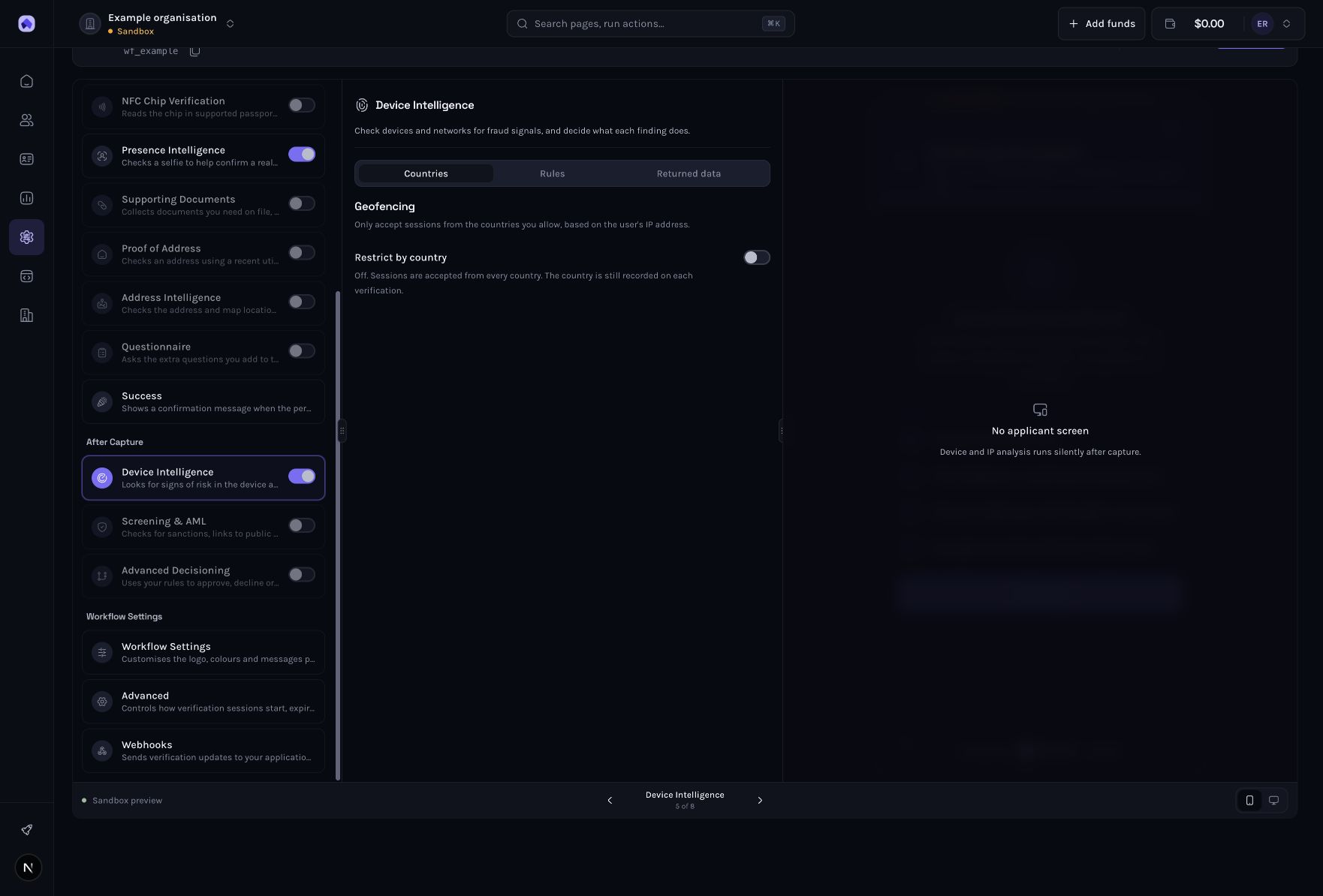 Dashboard example: Review country restrictions