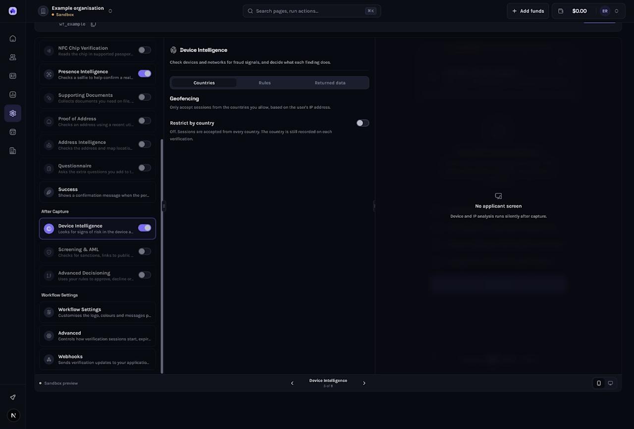 Dashboard example: Review country restrictions