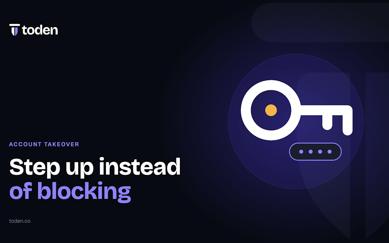 Headline "Step up instead of blocking" beside an illustration of a key beside a one-time code, on a vivid purple gradient.