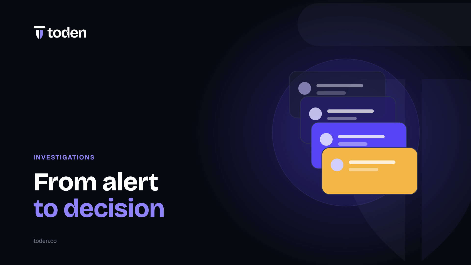 Headline "From alert to decision" beside an illustration of a stack of case cards, on a warm cream gradient.
