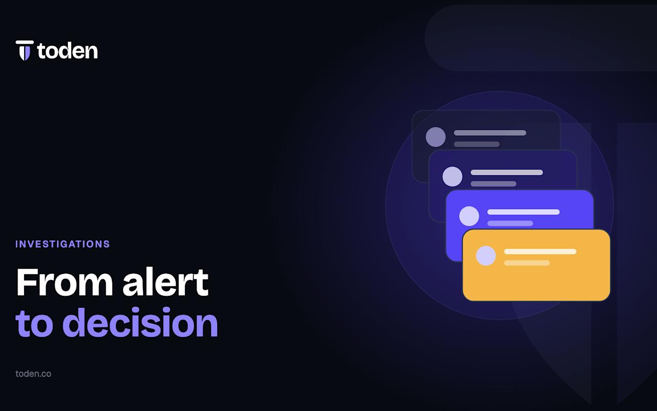 Headline "From alert to decision" beside an illustration of a stack of case cards, on a warm cream gradient.