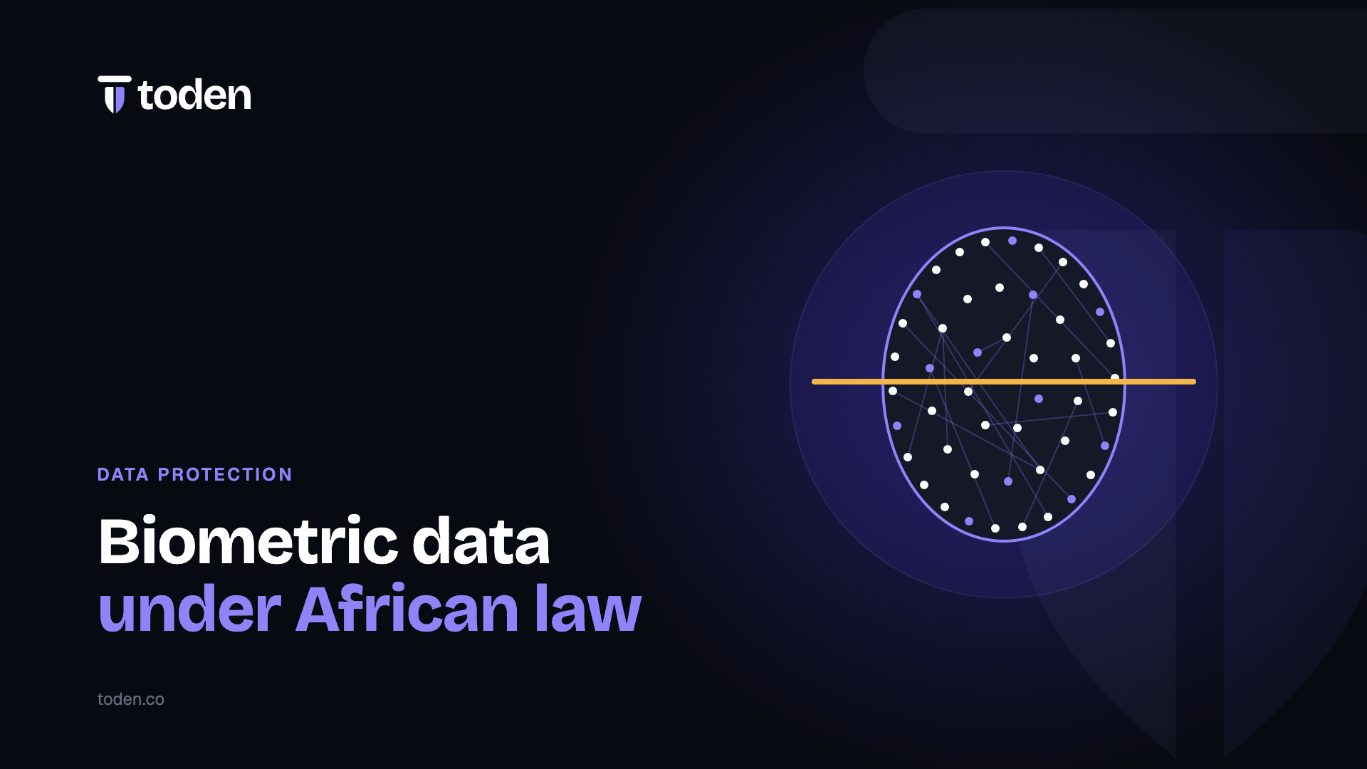 Headline "Biometric data under African law" beside an illustration of a face outline mapped with landmark points, on a warm cream gradient.