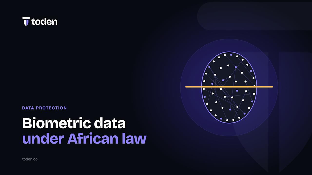 Titre « Données biométriques en vertu du droit africain » à côté d'une illustration d'un contour de visage cartographié avec des points de repère, sur un dégradé crème chaud.