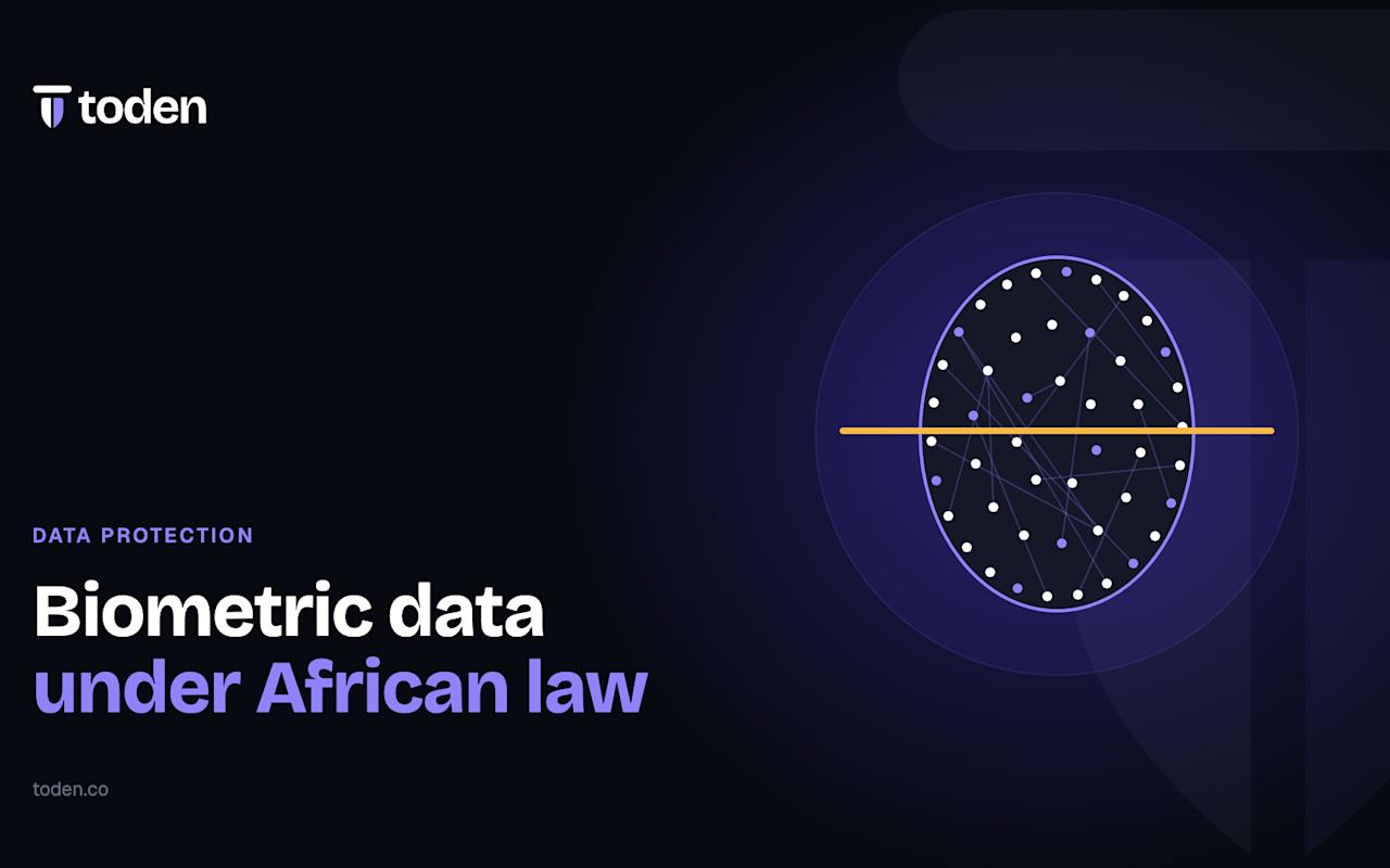 Headline "Biometric data under African law" beside an illustration of a face outline mapped with landmark points, on a warm cream gradient.