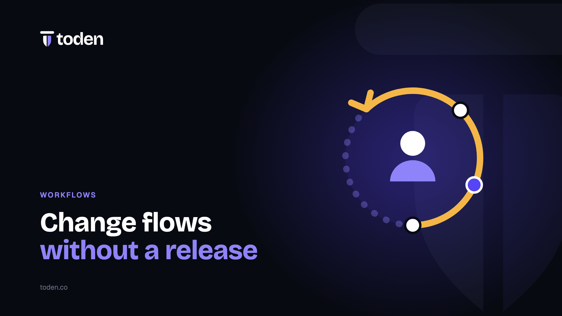 Headline "Change flows without a release" beside an illustration of a continuous circular arrow, on a vivid purple gradient.