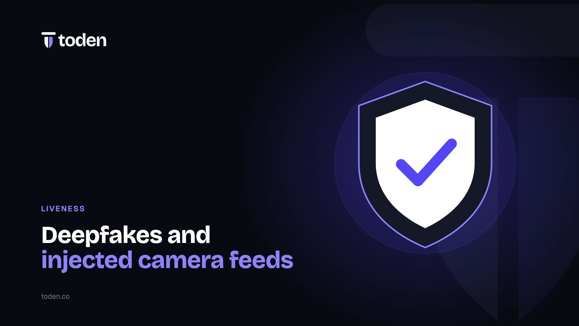 Headline "Deepfakes and injected camera feeds" beside an illustration of a shield with a check mark, on a warm cream gradient.