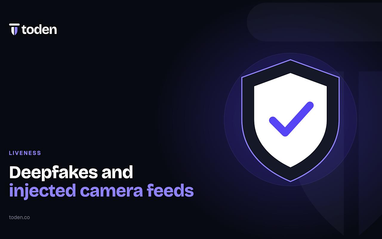Headline "Deepfakes and injected camera feeds" beside an illustration of a shield with a check mark, on a warm cream gradient.