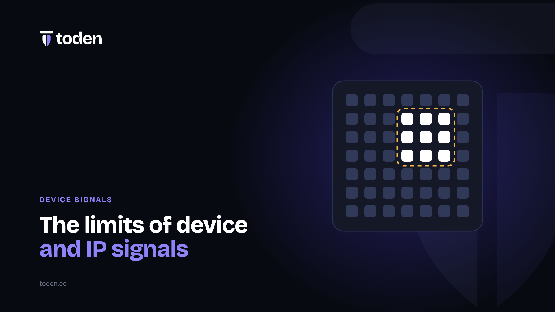 Headline "The limits of device and IP signals" beside an illustration of a grid of devices with a highlighted cluster, on a warm cream gradient.