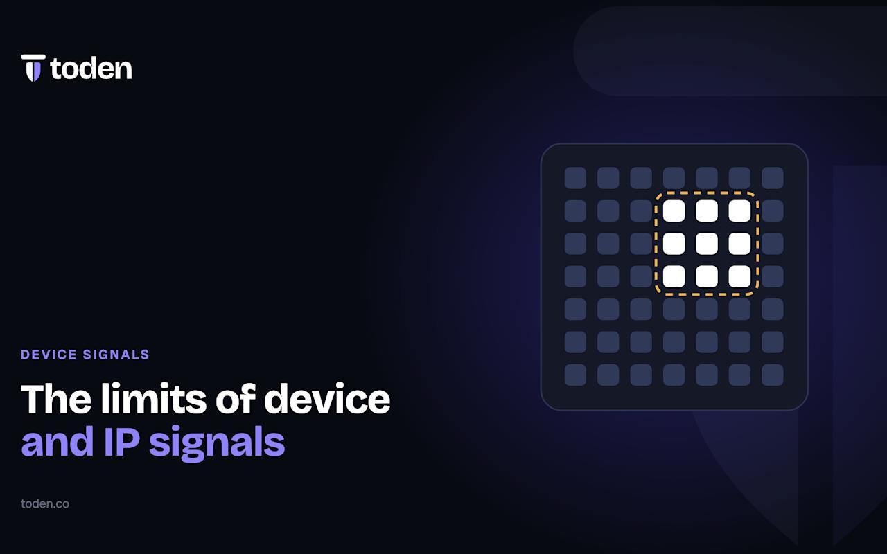 Headline "The limits of device and IP signals" beside an illustration of a grid of devices with a highlighted cluster, on a warm cream gradient.