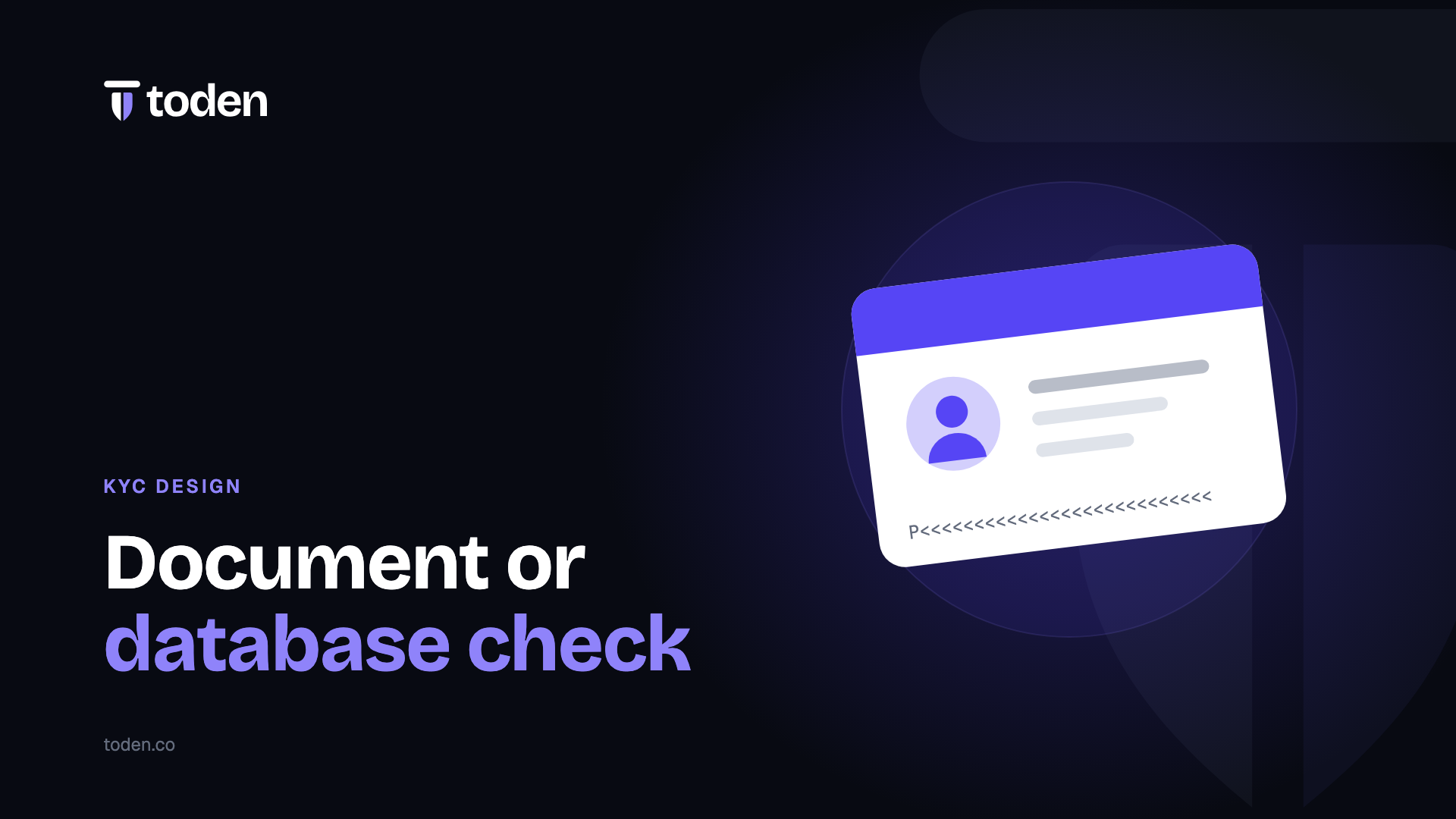 Headline "Document or database check" beside an illustration of an identity document with a portrait and machine-readable zone, on a soft lavender gradient.