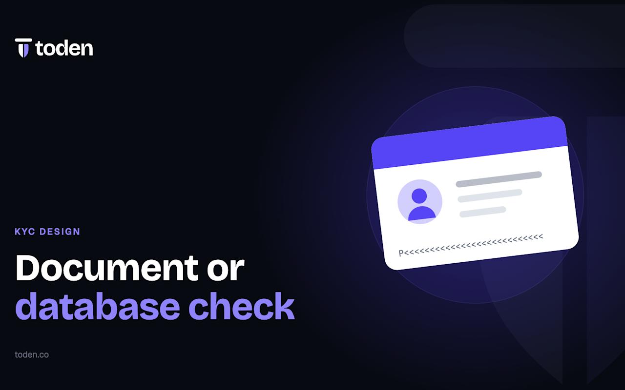 Headline "Document or database check" beside an illustration of an identity document with a portrait and machine-readable zone, on a soft lavender gradient.