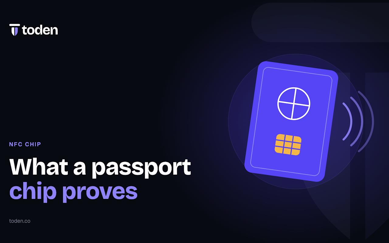 Headline "What a passport chip proves" beside an illustration of a passport booklet with a chip symbol and contactless waves, on a soft lavender gradient.