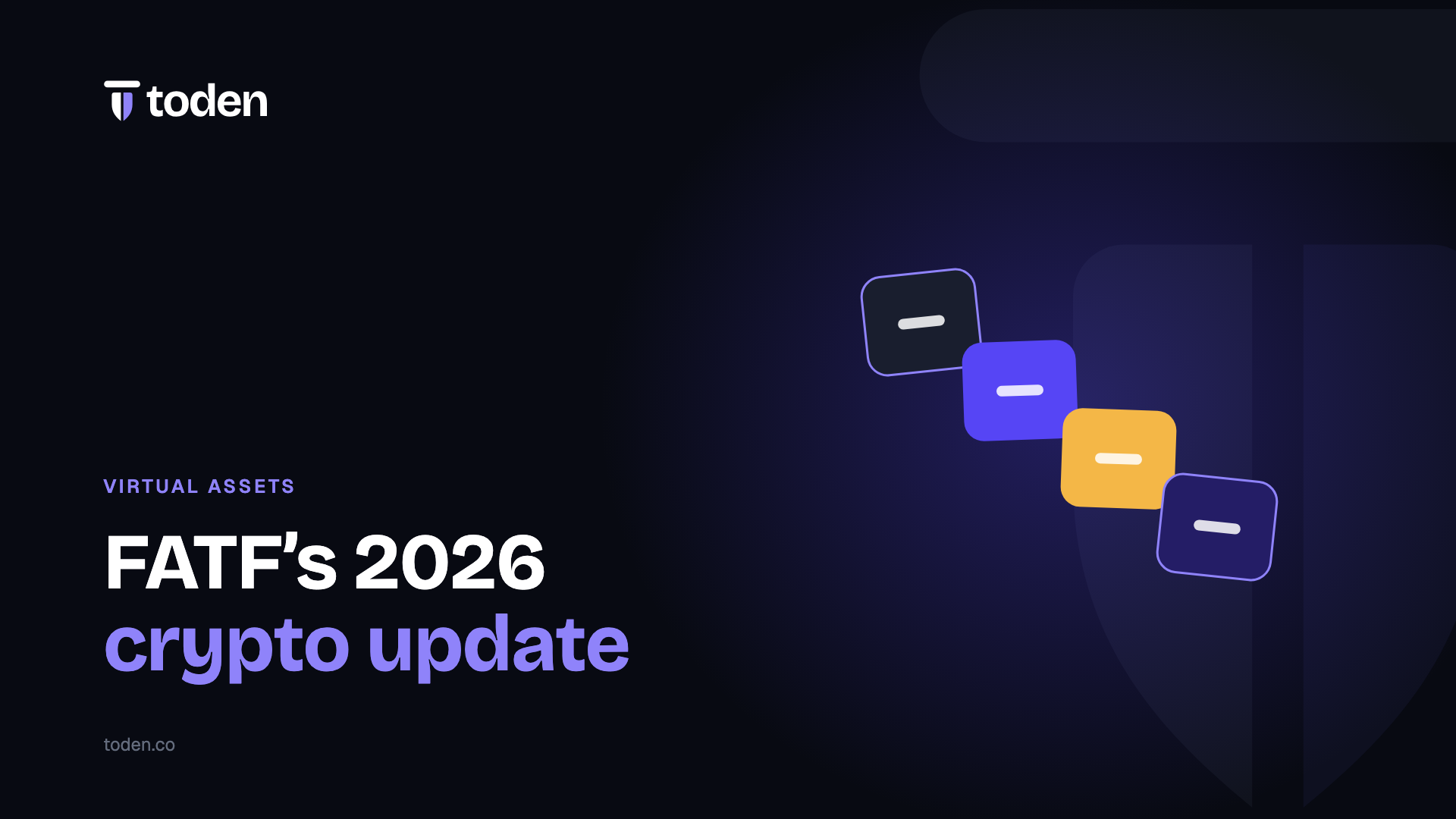 Titre « Mise à jour crypto du GAFI pour 2026 » à côté d'une illustration d'une chaîne de blocs liés, sur un dégradé crème chaud.