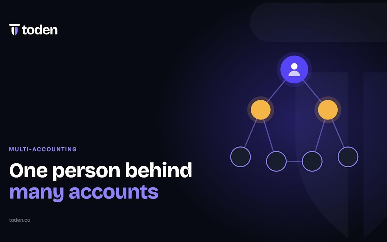 Headline "One person behind many accounts" beside an illustration of a network of connected ownership nodes, on a warm cream gradient.