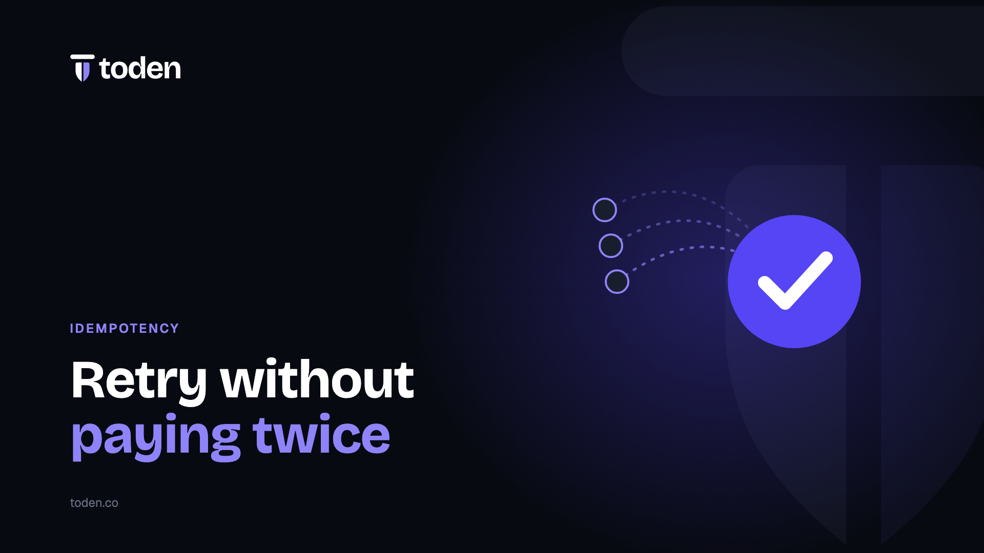 Headline "Retry without paying twice" beside an illustration of dashed retry arcs converging on a single check mark, on a deep indigo gradient.