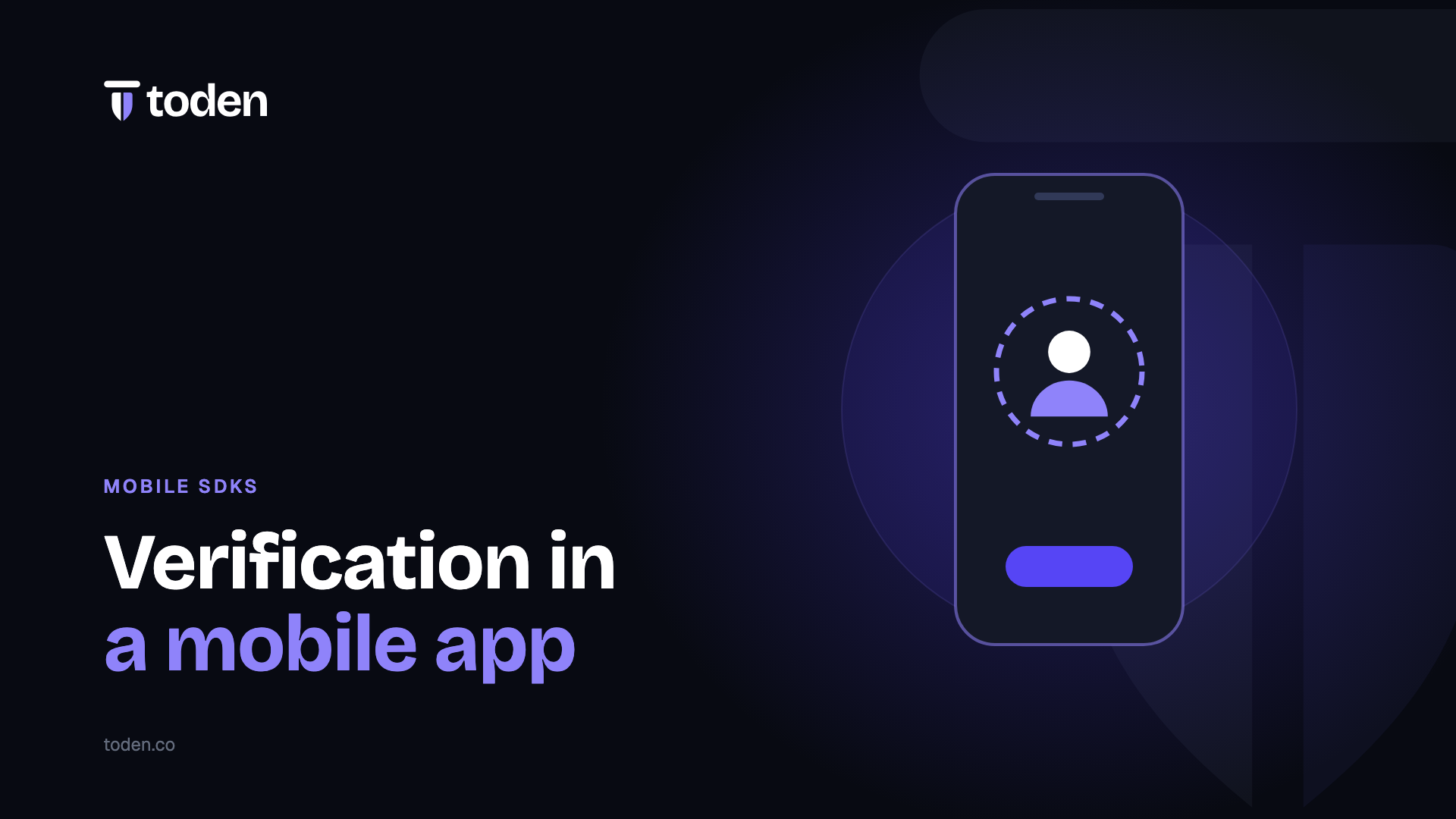 Headline "Verification in a mobile app" beside an illustration of a phone showing a face capture guide, on a deep indigo gradient.