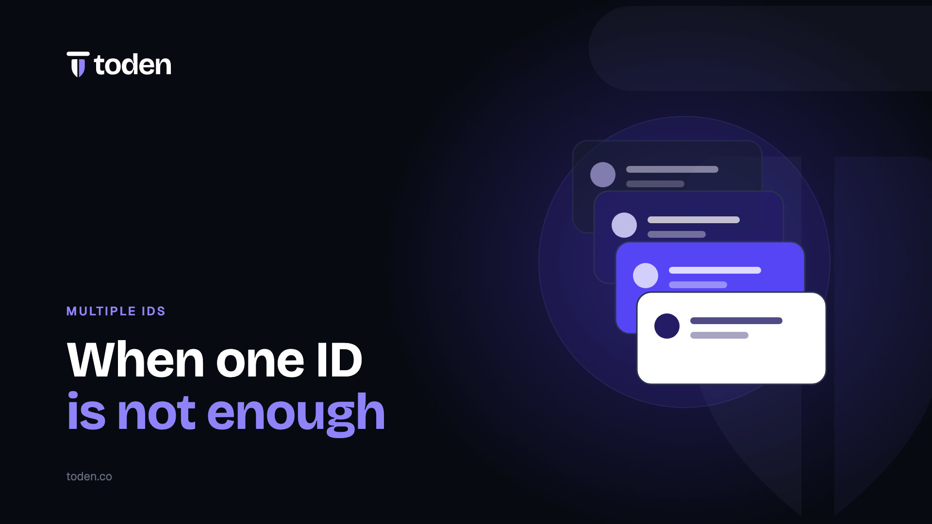 Headline "When one ID is not enough" beside an illustration of stacked verification cards, on a vivid purple gradient.