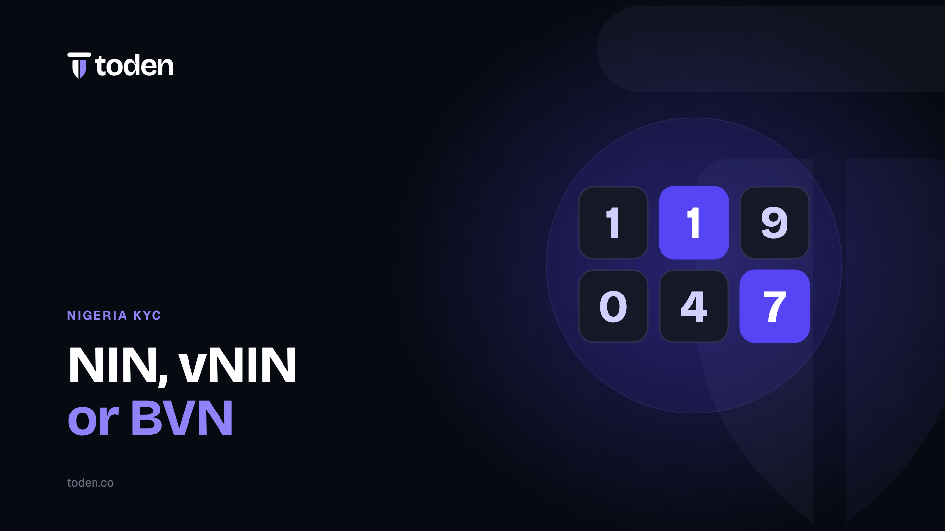 Título "NIN (Número de Identificação Nacional), vNIN ou BVN (Número de Verificação Bancária)" ao lado de uma ilustração de dígitos de números de identificação em um suave degradê lilás.