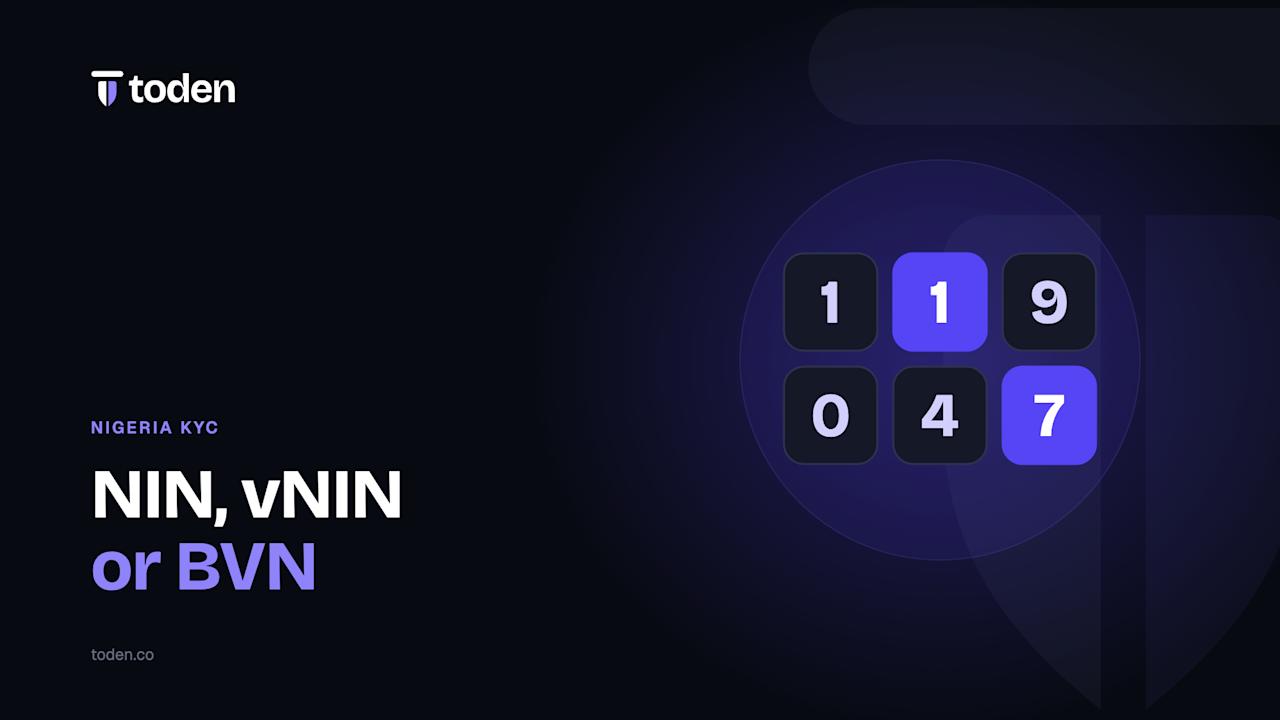 标题为“NIN(国民身份证号码)、vNIN 或 BVN(银行验证号码)”,旁边是身份证号码数字方块的插图,背景是柔和的淡紫色渐变。