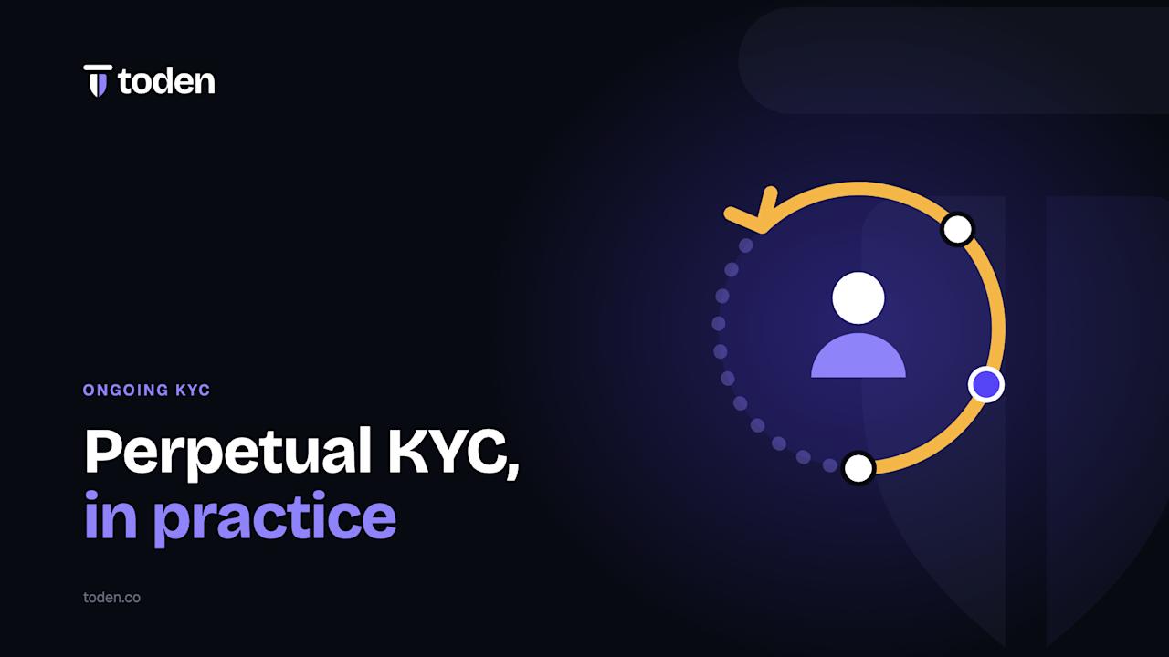 Titre « KYC permanent, en pratique » à côté d'une illustration d'une flèche circulaire continue, sur un dégradé crème chaud.