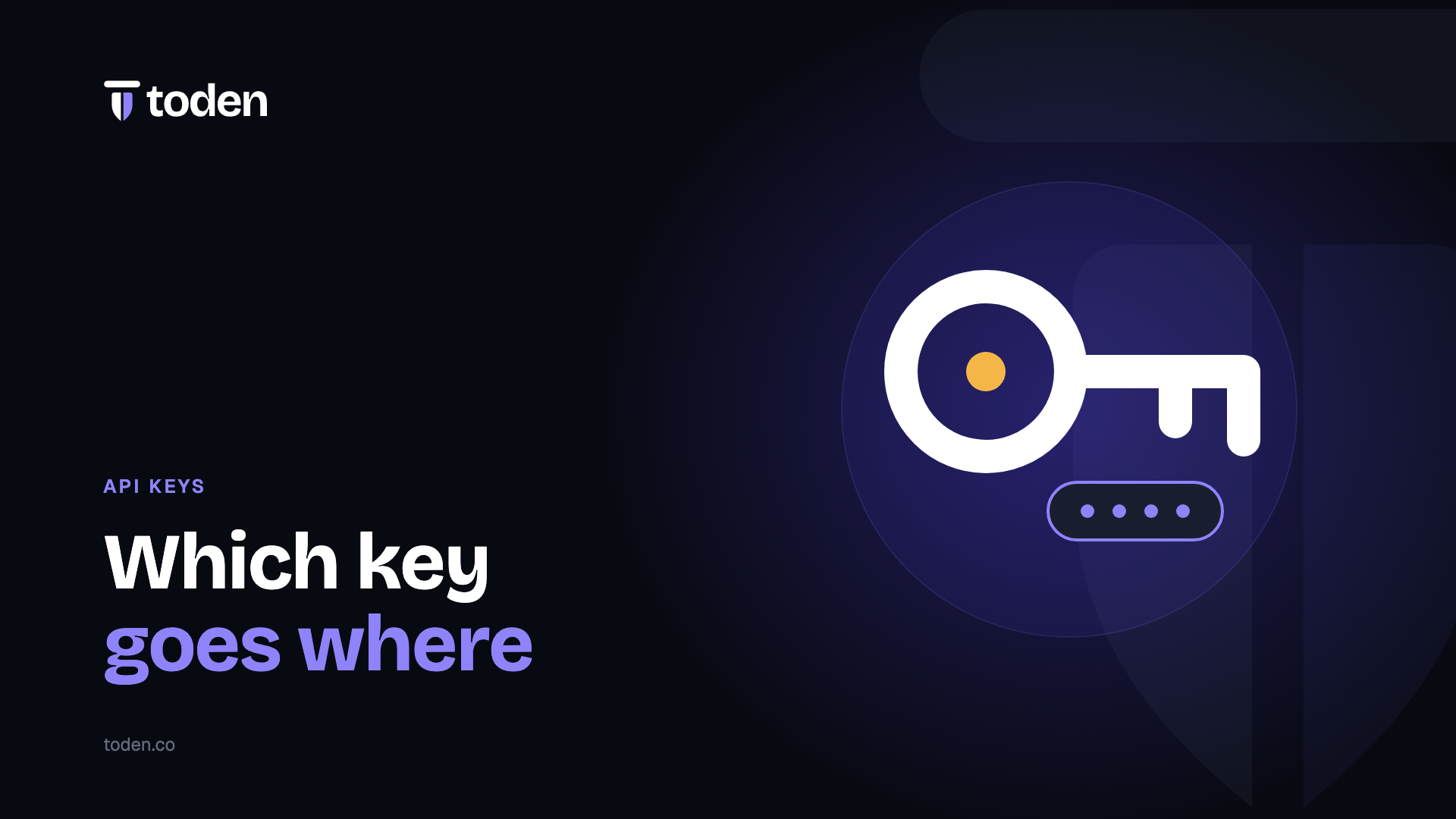 Headline "Which key goes where" beside an illustration of a key beside a one-time code, on a deep indigo gradient.